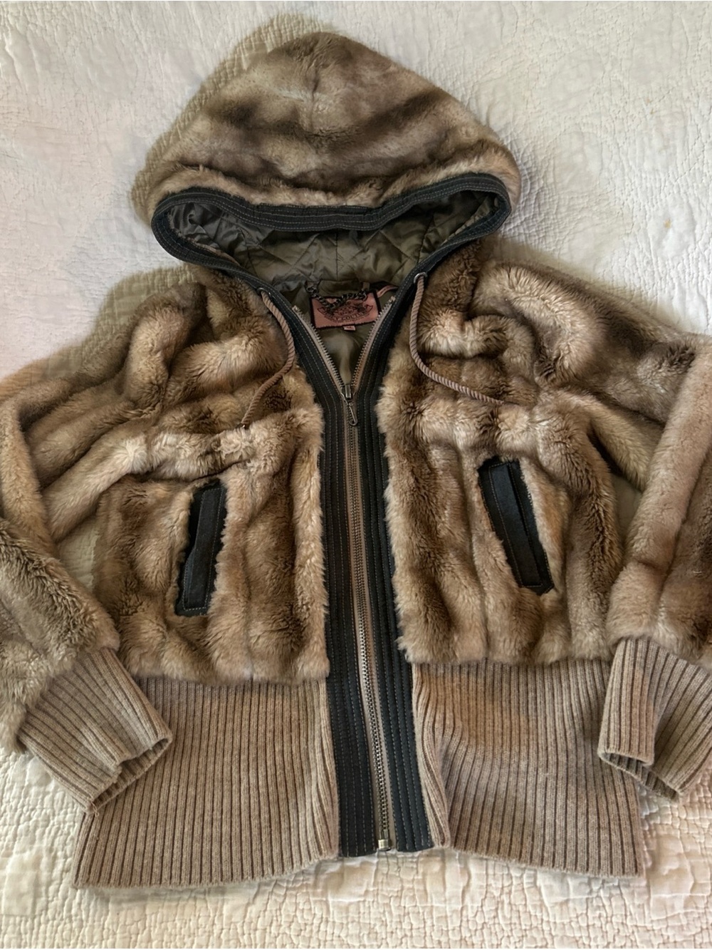 Juicy Couture Medium Cropped Hooded Faux Fur Zip Jacket in Taupe - Picture 2 of 8
